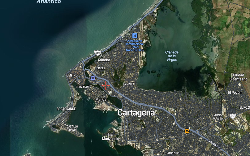 Ubicación Edificio Palmetto Uno - Mapa de Cartagena de Indias Colombia. Cortesia de Satellites Pro
